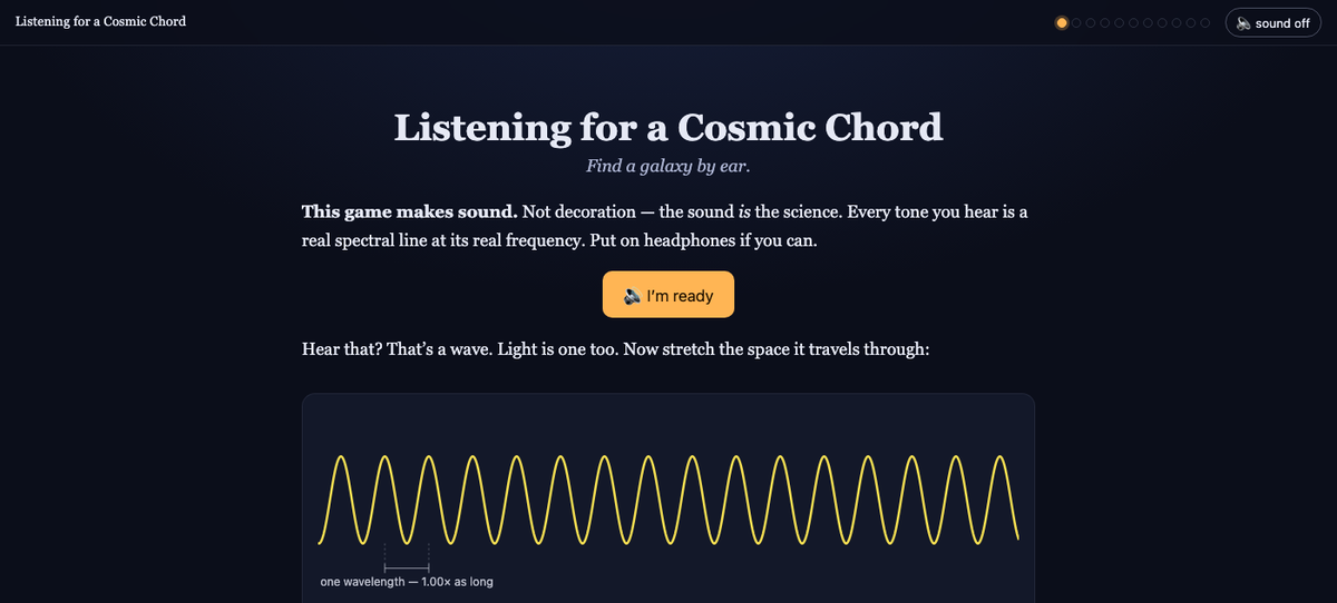 The title screen of Listening for a Cosmic Chord, with a redshifted wave you can stretch and hear.