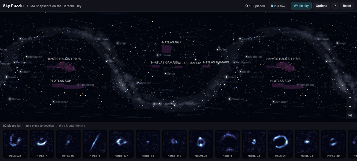 The Sky Puzzle board: the whole sky with the Herschel survey fields marked, and a tray of ALMA cutouts of lensed galaxies waiting to be placed.