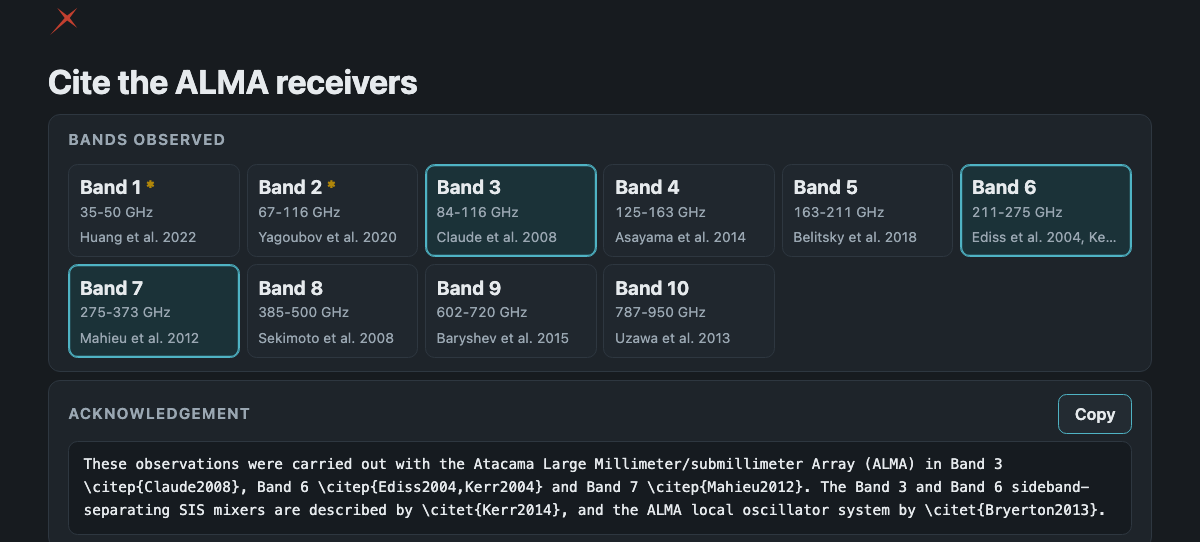 The band picker for Cite the ALMA receivers, with three bands ticked and the generated LaTeX acknowledgement sentence below it.